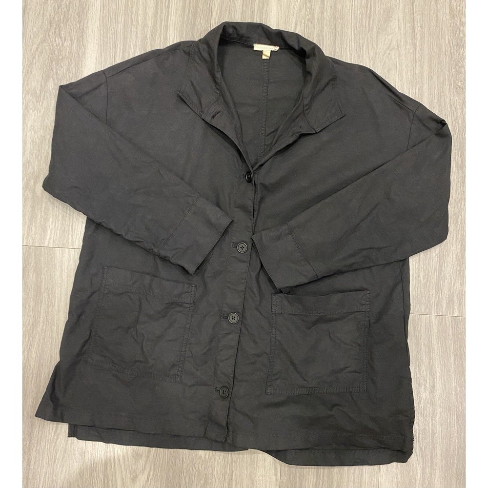 Eileen Fisher Hemp Organic Cotton‎ Stretch Long Shirt Top BLACK Front Pockets S